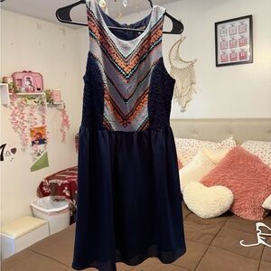 My Michelle Blue and Orange Halter Fit and Flare Dress